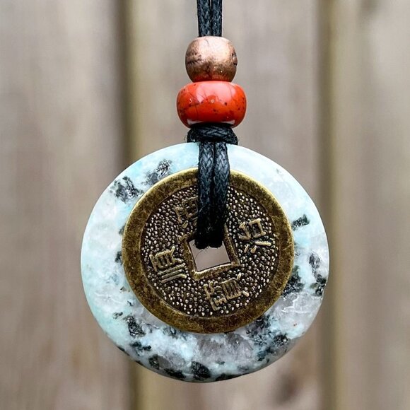 Kiwi Jasper Crystal Gemstone Necklace with Lucky Coin Handmade - Picture 3 of 6